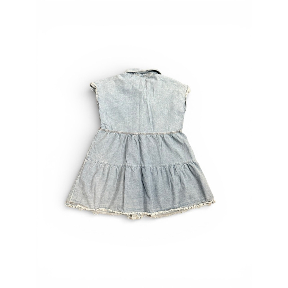 VICI Womens Chambray Denim Mini Dress Pearl Snap Front Ruffle Tiered Sz S - Picture 3 of 7